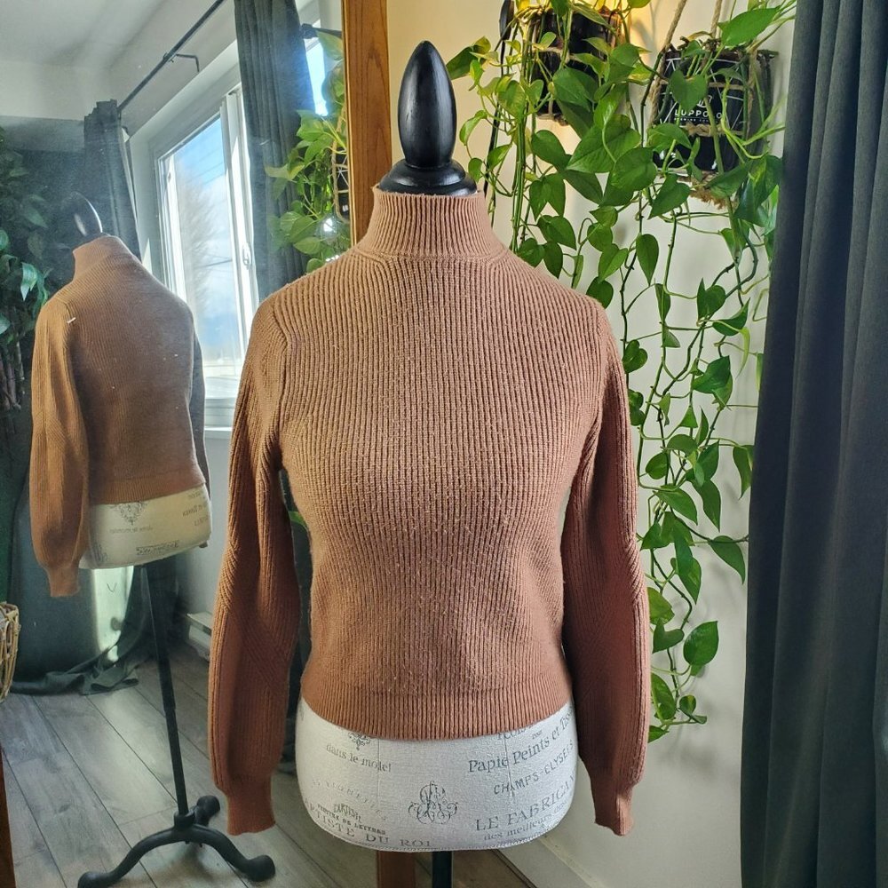 ZARA | Turtleneck Tapered Sleeve Ribbed Bodice Warm Brown Sweater (Size S) - Picture 8 of 8